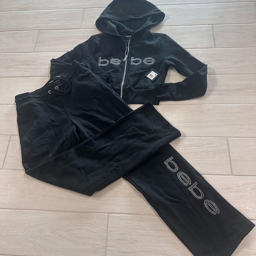 bebe Black Rhinestone Logo Zip cropped Hoodie & Sweatpants Set
